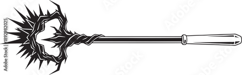 Black and white sketched of a spiked mace with a detailed handle and spiked head