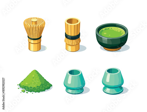Matcha Whisk Icons. Matcha Bamboo Whisk. Isometric flat vector icons set of Matcha Bamboo Whisk: bamboo chasen whisk, fine whisk tines, whisk handle grip,