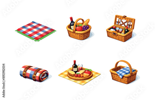 Colorful Picnic Icons. Picnic blanket & basket. Isometric flat vector icons set of picnic blanket & basket: picnic mat with patterned blanket, basket with