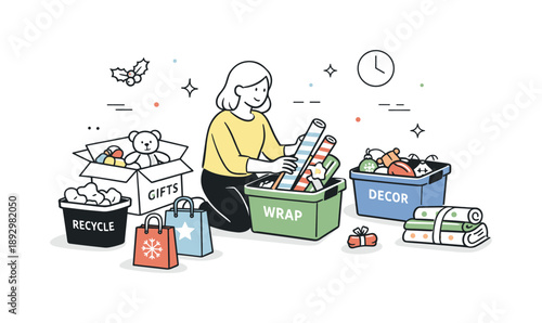 Post-Holiday Organization. After celebration organization. Sorting wrapping paper and holiday items, thoughtful and orderly mood. Editorial workspace scene