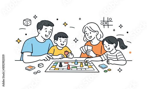 Family Game Night. Family game night at home. Parents and children sit around a table playing a board game, sharing smiles and relaxed conversation. Cozy