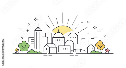 Spring City Silhouette. Minimal spring city silhouette. Flat urban horizon with rounded building shapes, subtle sun rays and abstract dots creating a fresh
