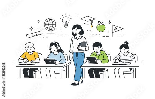 Modern Classroom Vibe. Modern school classroom. Students working quietly on notebooks and tablets while a teacher walks between desks. Focused study mood with