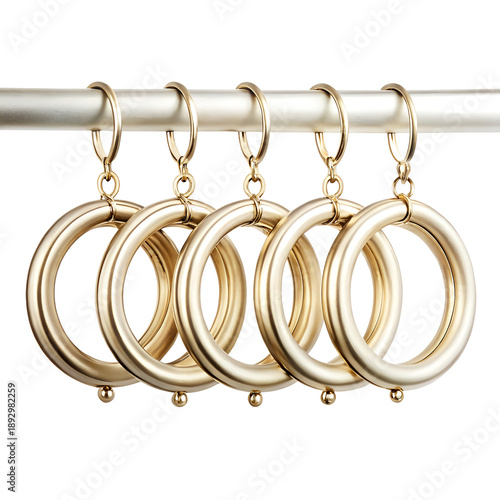 Metallic Brass Drapery Rings with Hooks on White Background