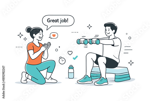 Motivational Workout Session. Personal trainer workout. Client exercising with light equipment while trainer observes and encourages. Active movement and