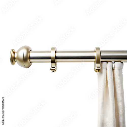 old Metal Curtain Rod and Rings with Finial on White Background