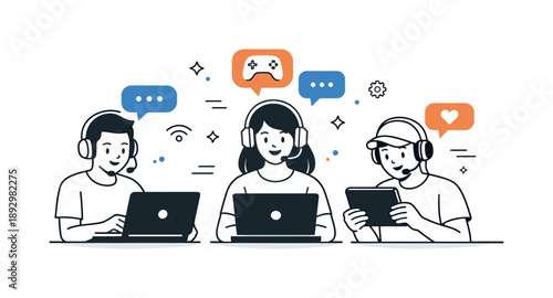 Online Gaming Fun. Friends gaming online. Friends playing together on laptops or tablets, chat bubbles and headsets showing communication. Digital connection