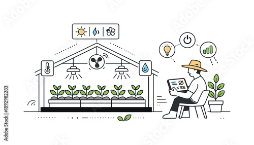 Smart Greenhouse Monitoring. Greenhouse automation. A greenhouse with sensors, connected lights, and fans controlled digitally, while a farmer monitors