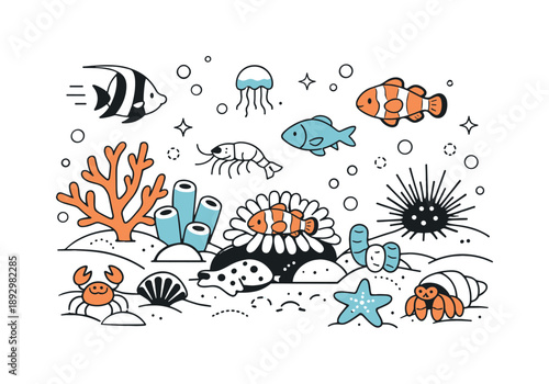 Harmonious Coral Ecosystem. Coral reef ecosystem. Diverse species of fish, crustaceans, and corals arranged in a harmonious underwater scene, highlighting