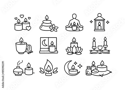 Candle Icon Set. Candle Atmosphere. Line icon set of Candle Atmosphere: romantic candle, spa candle, meditation candle, cozy light, calm mood, evening candle,