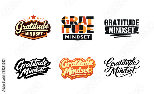 Gratitude Lettering Styles. Gratitude mindset lettering. Set lettering. harmonious lettering variations of the same emblematic concept, each with different