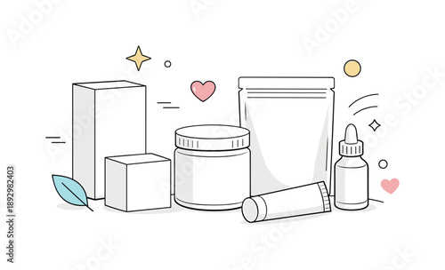 Minimalist Packaging Mockup. Blank packaging mockup minimal. Set of boxes, jars, or bags with empty labels arranged cleanly, symbolizing ready-to-brand