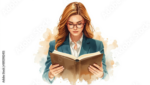 Woman reading a book with glasses and a blue blazer on isolated womens day