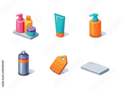 Colorful Hair Care Icons. Hair Care Display. Isometric flat vector icons set of Hair Care Display: row of cosmetic bottles, styling gel tube, conditioner