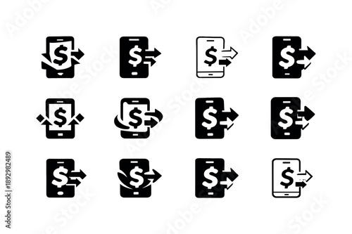 Financial App Icon Set. Using a financial app. Icon set. Set Logo of using a financial app: mobile banking transaction. harmonious logo variations of the same