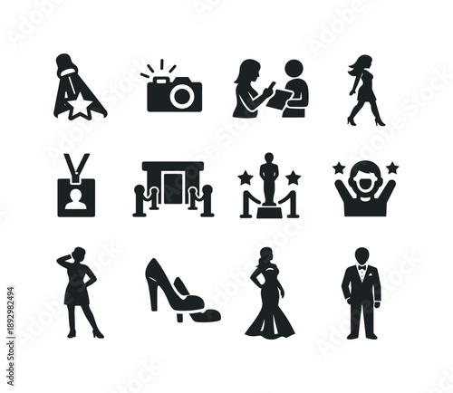 Celebrity Icon Showcase. Celebrity Moment. Solid icon set of Celebrity Moment: star spotlight, photo click icon, fan autograph, graceful walk, fashion flash,