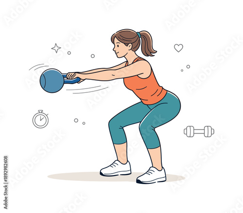 Kettlebell Strength Focus. A woman doing strength training with kettlebells ? focused workout. Woman performing a kettlebell swing, steady movement and