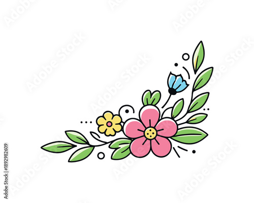 Floral Corner Elegance. Decorative floral corner ornament. Small floral composition designed for corners, with leaves softly spreading outward. Light framing