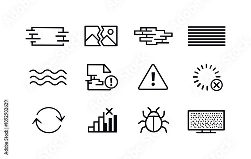 Visual Glitch Icon Set. Visual Glitch. Line icon set of Visual Glitch: glitch rectangle, broken image, pixel shift, scanlines, distortion waves, corrupted