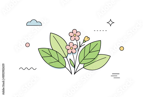 Botanical Minimalist Flatlay. Botanical flat lay minimal scene. A single cluster of leaves and flowers centered with light abstract accents floating around.