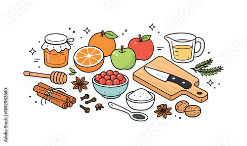 Winter Kitchen Still Life. Seasonal winter food still life. Assorted fruits, spices, and kitchen tools arranged in a clean editorial layout. Calm preparation