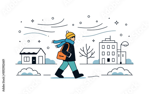 Winter Urban Stroll. Winter City Weather. A simple urban scene with a person walking past minimal buildings, snow gently falling and wind lines in the air. The