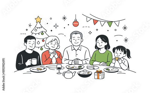Christmas Family Dinner. Family dinner at Christmas joy. Family finishing the meal with relaxed smiles and gentle holiday decorations around. Gratitude,