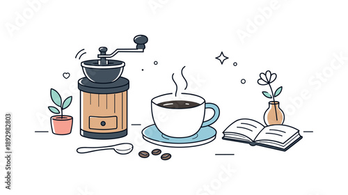 Mindful Coffee Ritual. Slow coffee ritual. Manual coffee grinder next to a cup, suggesting mindful preparation and everyday comfort. Peaceful lifestyle scene