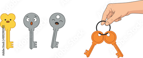 Cartoon keys with faces on white background smiling