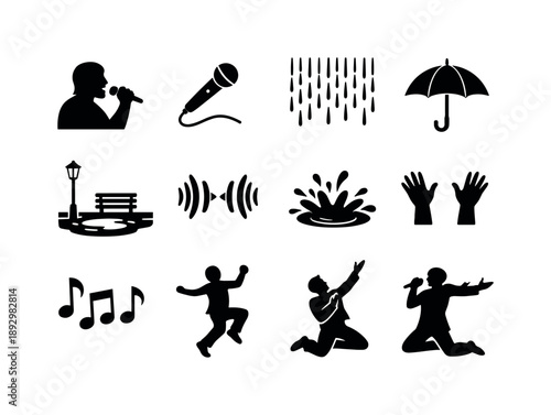 Musical Rain Icons. Musical rain moment. Solid icon set of Musical rain moment: vocalist silhouette, handheld microphone, falling rain lines, open umbrella,