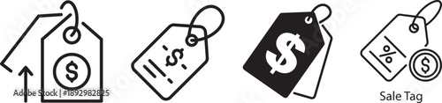 Discount Tags Iconography: A collection of various price tag designs, each prominently showcasing the dollar sign, symbolizing the financial aspects of retail and sales.