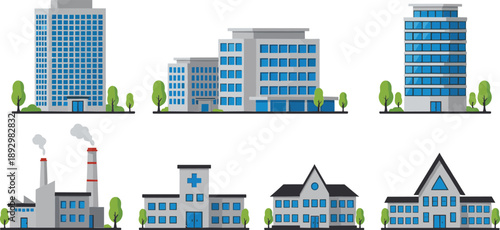 Buildings with blue windows and green trees on white background office buildings houses factory hospital