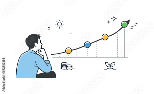 Investor's Steady Growth. Investment performance chart. Investor observing a smooth rising curve with markers, calm confidence and long-term vision. Peaceful