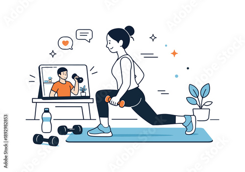 Remote Fitness Motivation. Online fitness class. A person working out while watching a trainer on a tablet or laptop screen. The illustration reflects remote