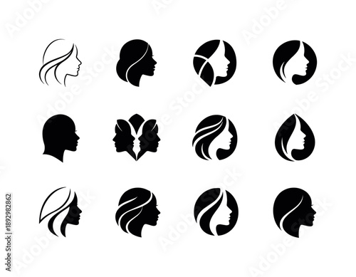 Feminine Beauty Icons. feminine beauty. Icon set. Set Logo of feminine beauty: female face silhouette. harmonious logo variations of the same emblematic