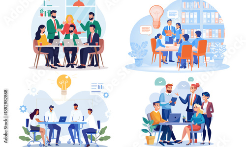 Corporate Collaboration and Teamwork Vector Set Business Meetings, Brainstorming, Research and Mentorship Scenes