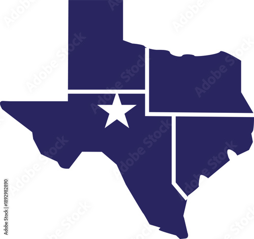 Dark blue Texas map outline with white star and internal divisions