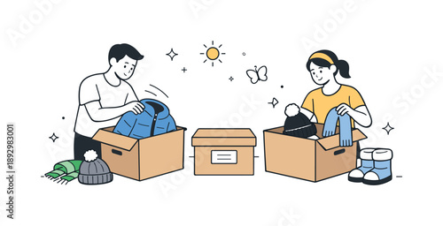 Spring Wardrobe Transformation. Packing away winter wear illustration. Scarves, hats and jackets disappearing into storage boxes, symbolizing the end of winter