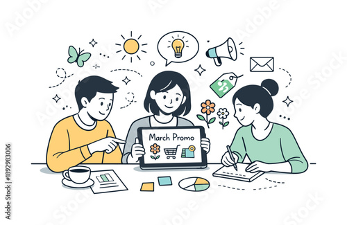 March Promotion Planning. March promotion planning. A team discussing ideas around a tablet with spring symbols and marketing elements. Friendly collaboration,