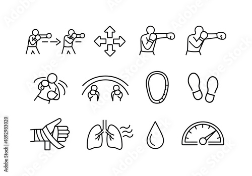 Boxing Workout Icons. Boxing fitness workouts. Line icon set of boxing fitness workouts: punching combination sequence, footwork arrows, jab motion, cross