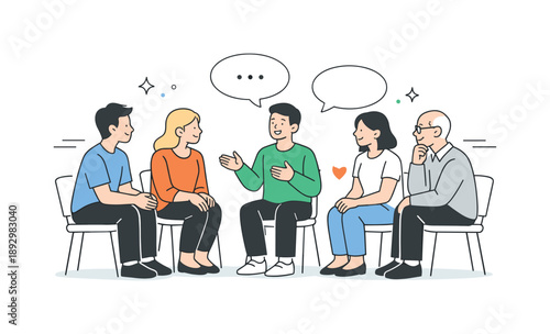 Supportive Group Dialogue. Group counseling discussion. Participants speaking one by one with gentle speech bubbles, others listening with supportive posture.