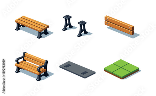 Geometric Bench Icons. Outdoor bench. Isometric flat vector icons set of outdoor bench: wooden bench seat, metal support legs, backrest panel, armrest details,