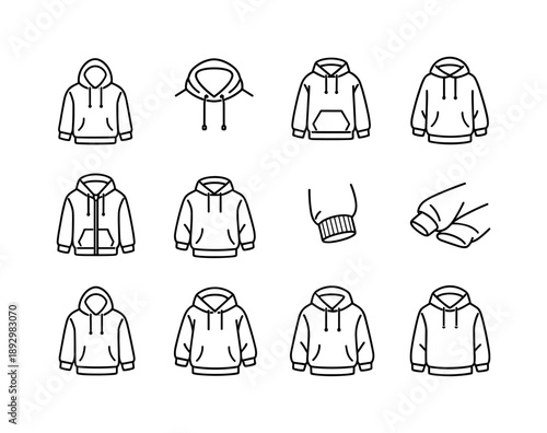 Hoodie Line Icons. Soft hoodie. Line icon set of Soft hoodie: hooded sweatshirt, drawstring hood, front pocket hoodie, oversized hoodie, zip hoodie, pullover