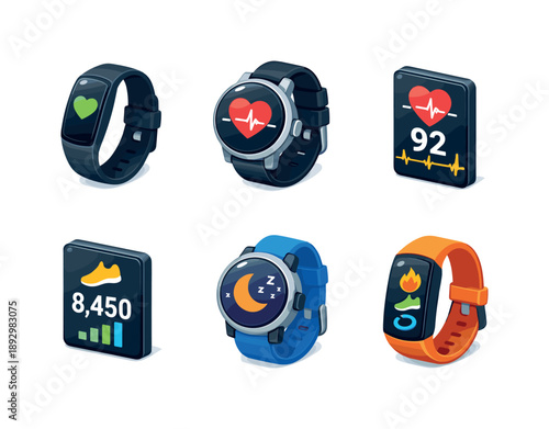 Colorful Fitness Trackers Grid. Fitness Tracker. Isometric flat vector icons set of Fitness Tracker: wrist fitness band, smart fitness watch, heart rate