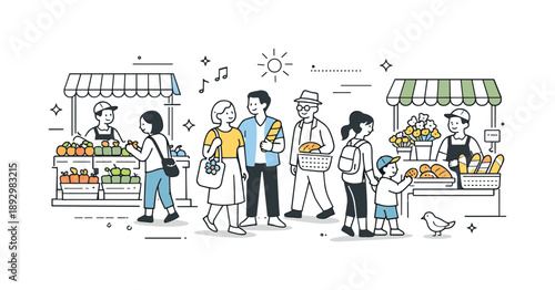 Charming Urban Market. Neighborhood market shopping. People walk between small stalls with fruits, bread, and flowers displayed neatly. Slow pace, community