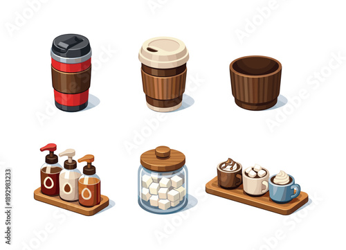 Hot Chocolate Essentials. Hot chocolate set. Isometric flat vector icons set of hot chocolate set: travel thermos cup, takeaway cocoa lid, insulated sleeve,