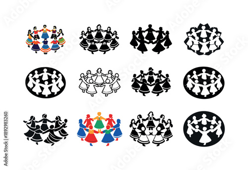 Traditional Dance Icons. Joyful dancers in traditional costumes. Icon set. Set Logo of Joyful dancers in traditional costumes: group circle dance. harmonious