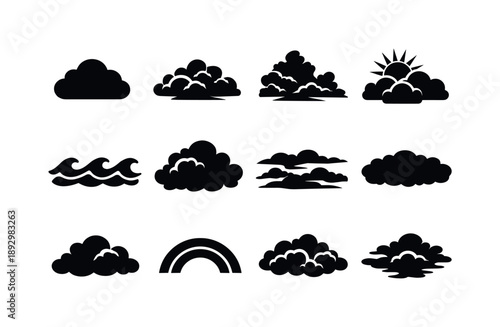 Moody Sky Icons. Moody Sky. Solid icon set of Moody Sky: dark cloud, rolling clouds, dramatic cloudscape, sun glow behind clouds, cloud waves, stormy sky mass,