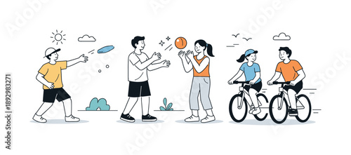 Friends Enjoying Park. Friends hanging out park activities. A relaxed scene showing friends playing frisbee, tossing a ball, or riding bikes together outdoors.