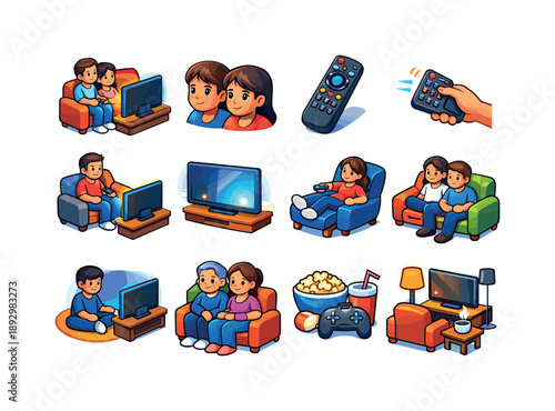 Watching TV Icons. WatchingTV. Colorful isometric vector icons set of WatchingTV: people watching screen, focused faces, TV remote control, channel switching,